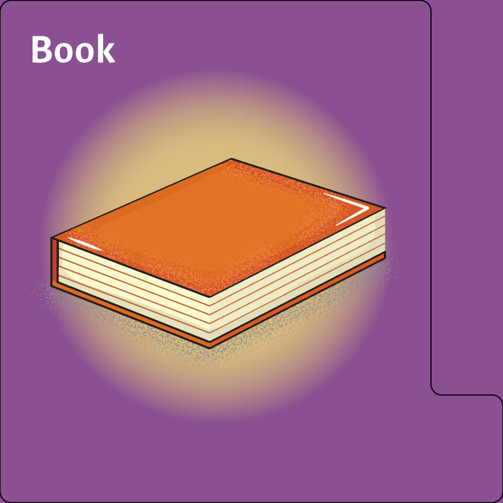 orange covered book against a purple field