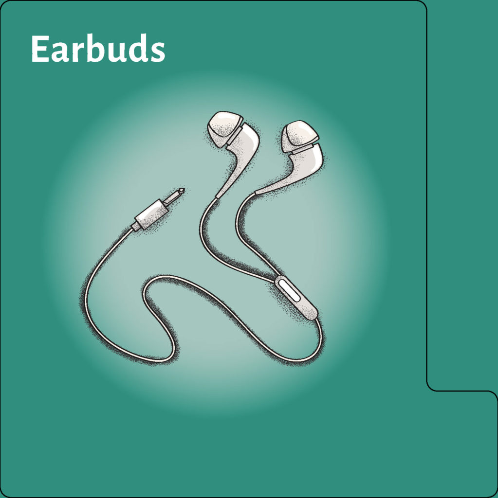 white wired earbuds on green background