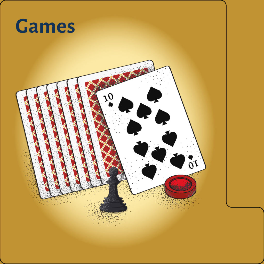 playing cards, ten of spades, chess and checker pieces on gold background