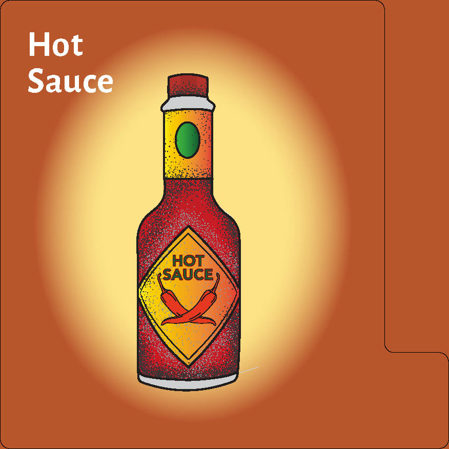 tapered jar of red chile hot sauce with yellow diamond label on burnt red background