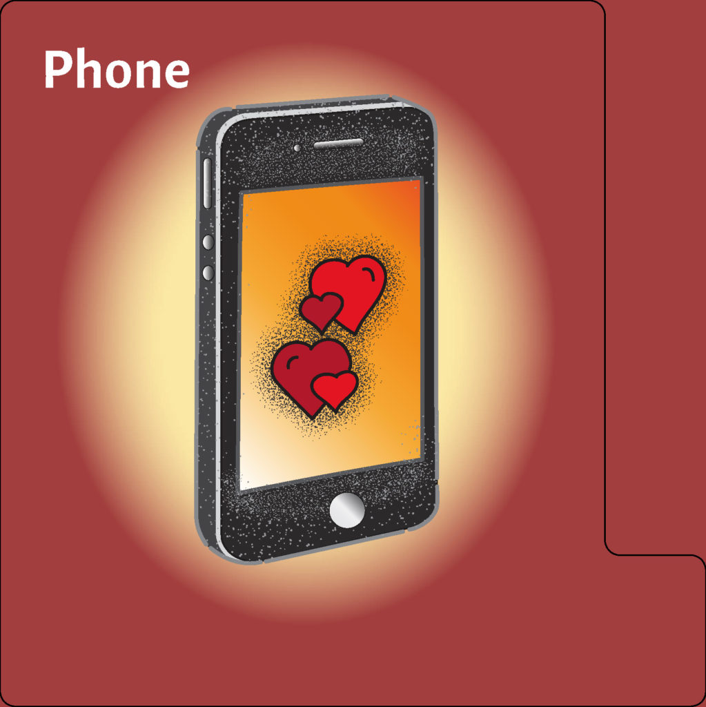 generic smart phone with red hearts on screen against a dark red background