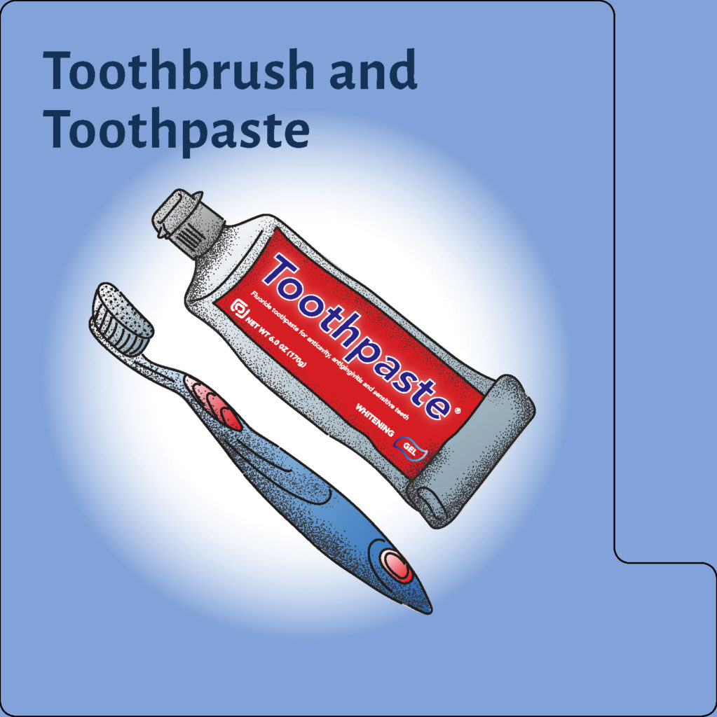 blue toothbrush with white tube red label toothpaste on light blue background