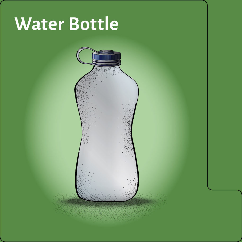 smooth plastic hand grip tapered white water bottle with attached black screw top on green background